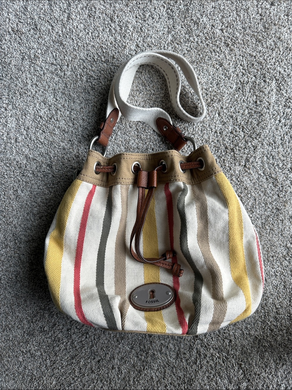 Fossil Striped Canvas Drawstring Shoulder Bag in Yellow, Red, Tan, Gray